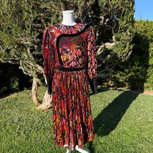 Vilmas Couture Black Velvet Floral Burnout Midi Dress Puff Sleeve Smocked Waist